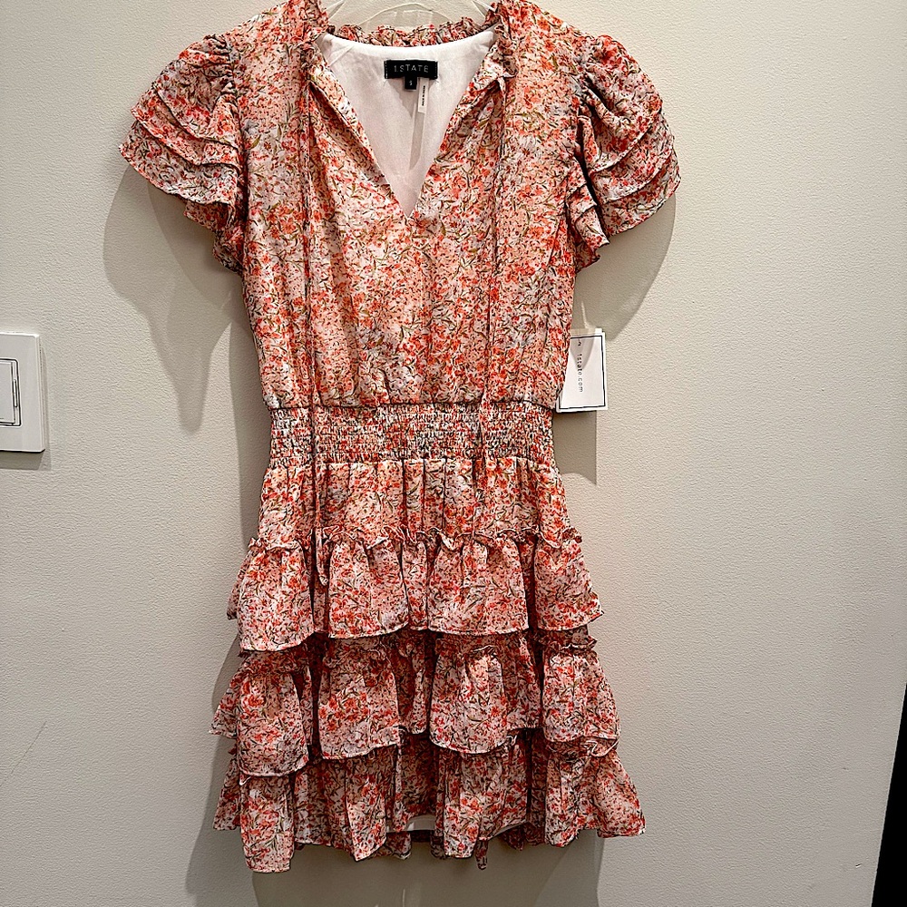 NWT- 1 STATE Floral Ruffle Tiered Dress - Pink and White Size Small